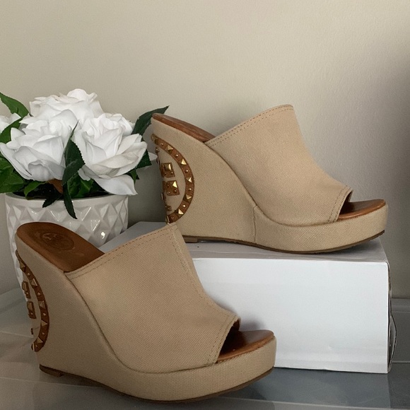Tory Burch Meredith Studded Logo Wedges Canvas Natural - Picture 9 of 14